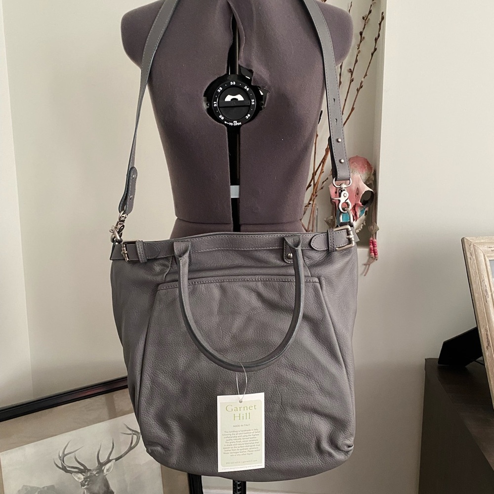 Garnet Hill Gray Leather Tote Bag with Adjustable Strap NWT
